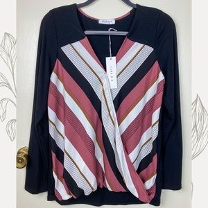 L Long sleeve striped surplice front top | NWT